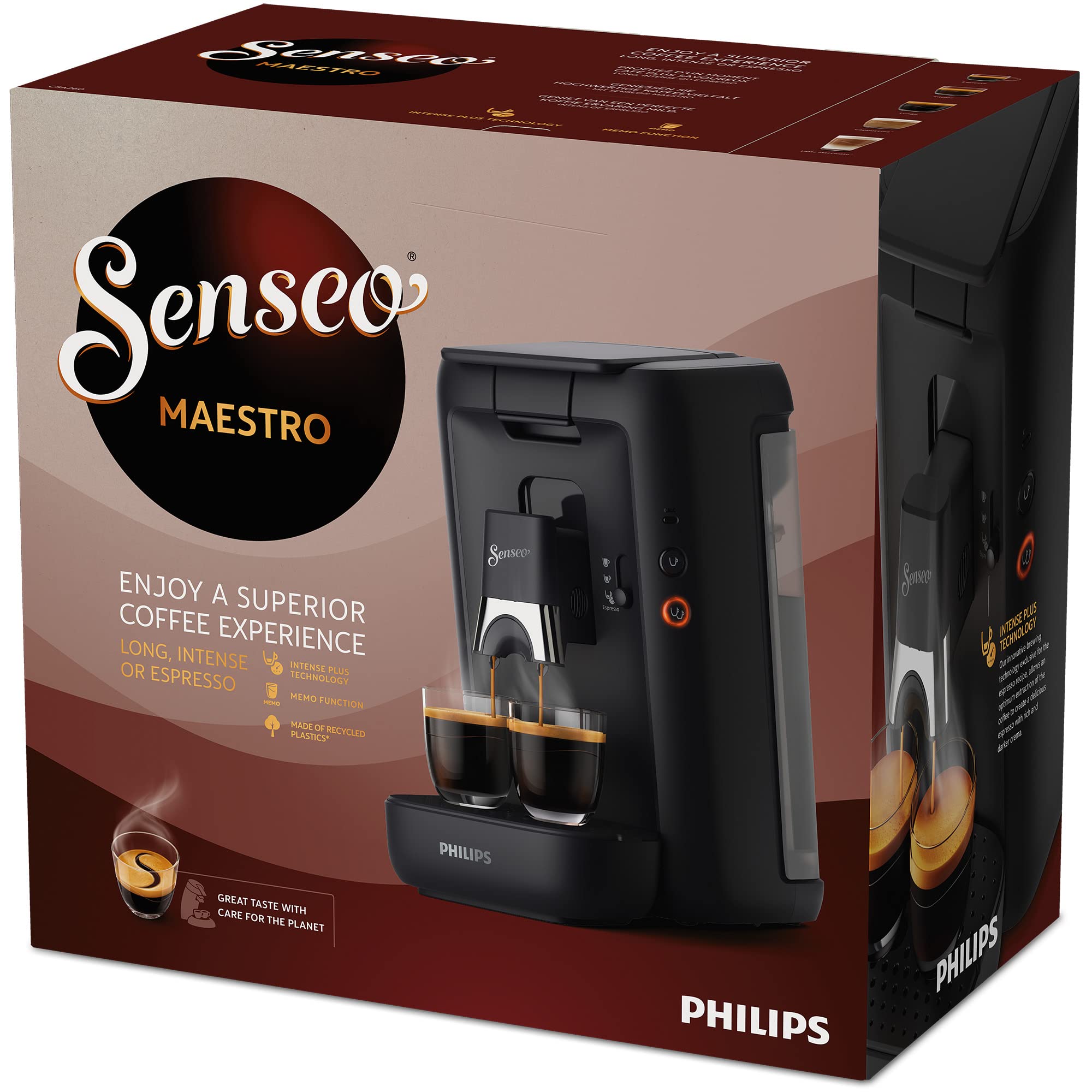 Senseo Maestro Machine à Café Dosettes avec Réservoir d'Eau de 1,2 Litre, Sélection l'Intensité du et Fonction Mémo, Noir, CSA260/61