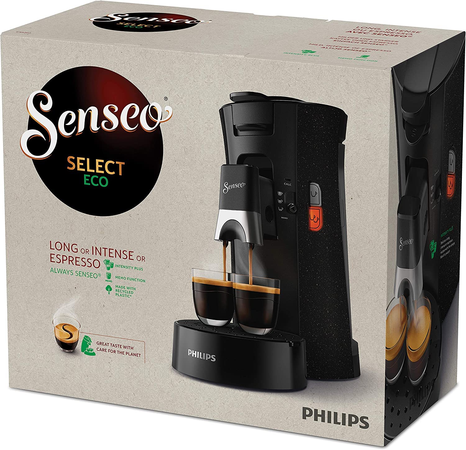 Domestic Appliances Senseo Select Eco Machine à dosettes à café – Choix de la force du café Plus Fonction Memo en plastique recyclé, 1450 W, Noir/Moucheté, CSA240/20