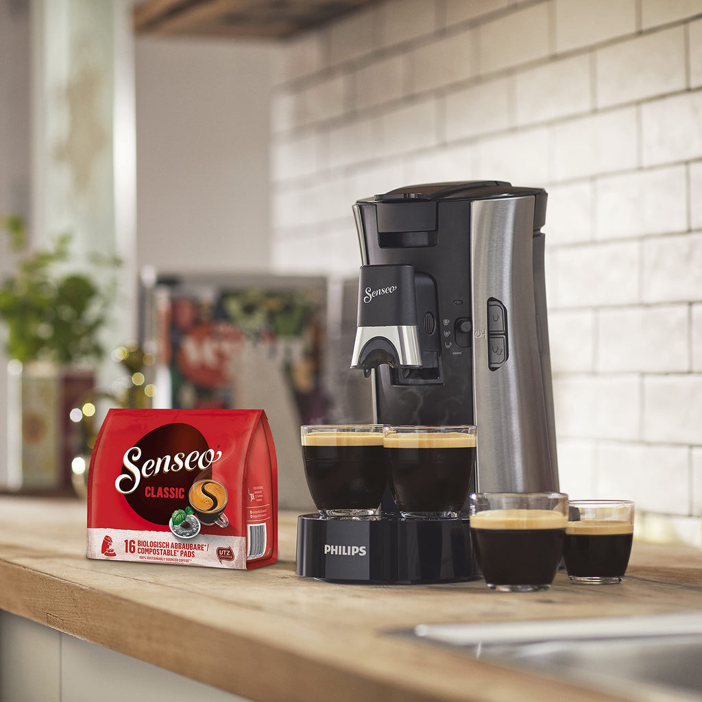 Machine à Café Dosettes – SENSEO Select Eco – Intensity Plus – Crema Plus – Function Memo - Acier Brossé (CSA250/10)